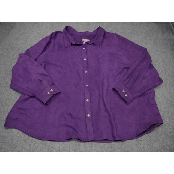 Woman Within Tops - Woman Within Blouse Velvet Top Purple Size 5X Button Up Long Sleeve Collared